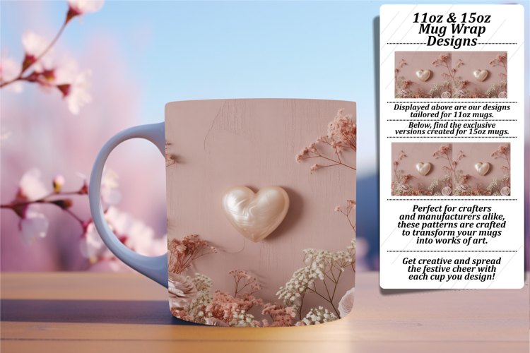 Stylish 11oz Mug Wrap Png Artwork , 3D Heart