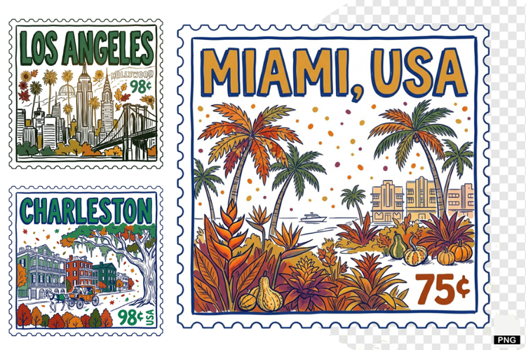 Fall Travel Postage Stamps Clipart