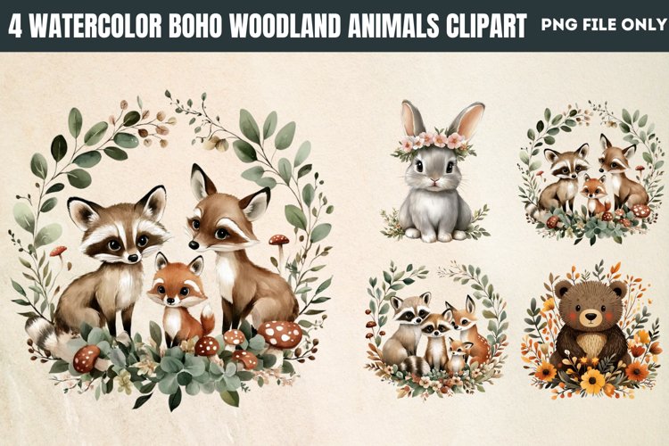 Watercolor Boho Woodland Animals Clipart PNG