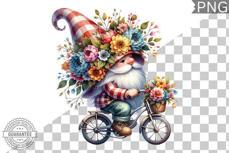 Floral Crown Gnome Rides A Bike Sublimation Clipart Design
