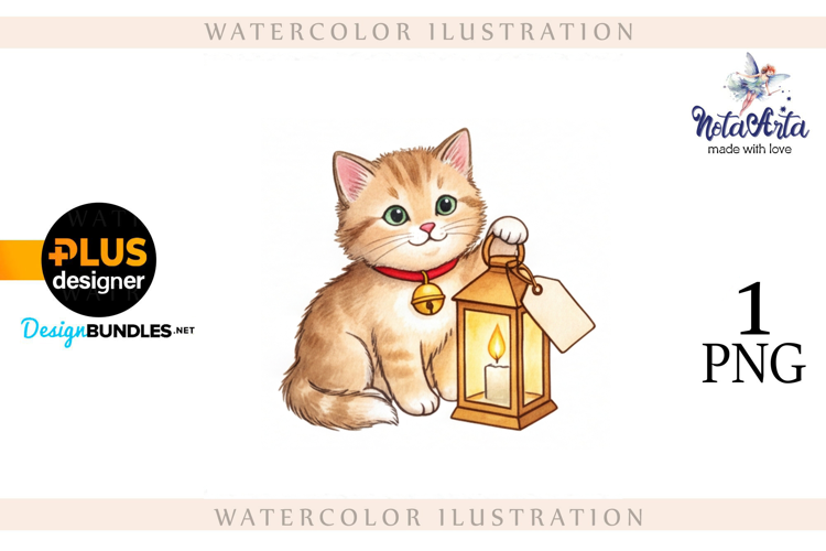 Christmas Kitten in Watercolor Style