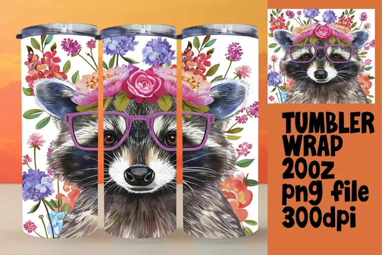 Joyful Raccoon with Flower Tumbler Wrap - Sublimation