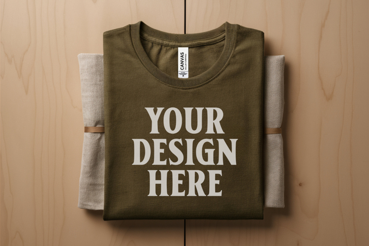 Heather Olive Folded Bella Canvas 3001 Flat Lay T-Shirt Mock