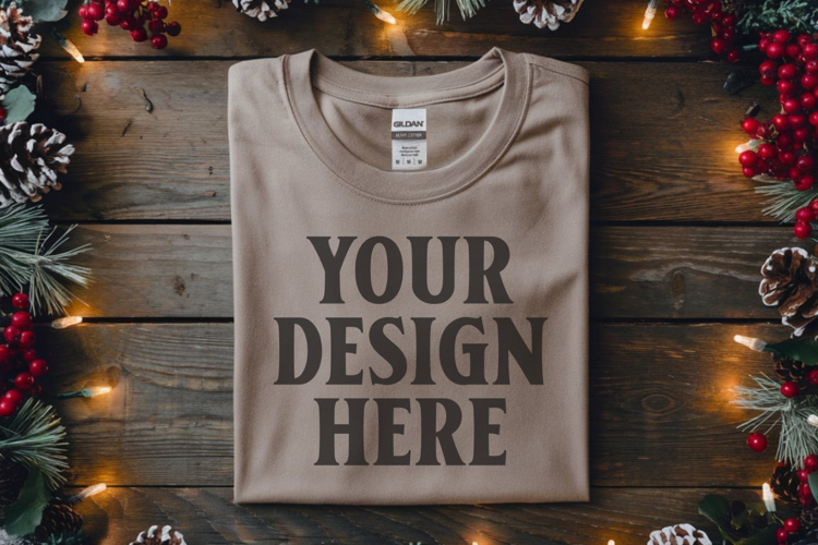 Gildan 64000 Sand Folded Christmas Flat Lay T-shirt
