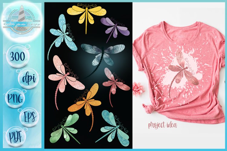Watercolor Dragonflies with Mandalas Sublimation Designs example image 1