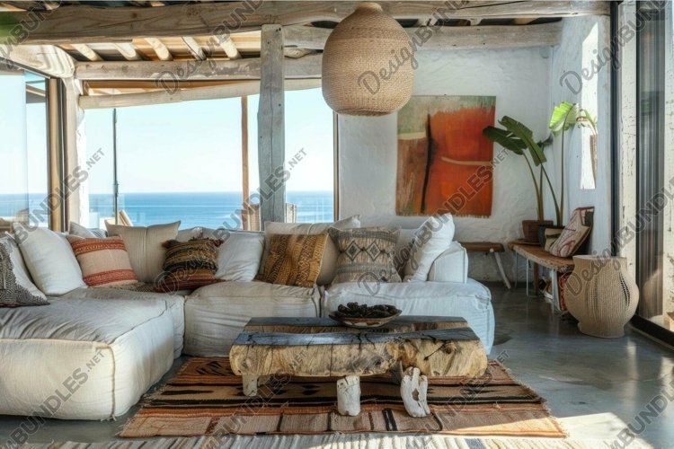 Bright living room overlooking the ocean with wooden beams a