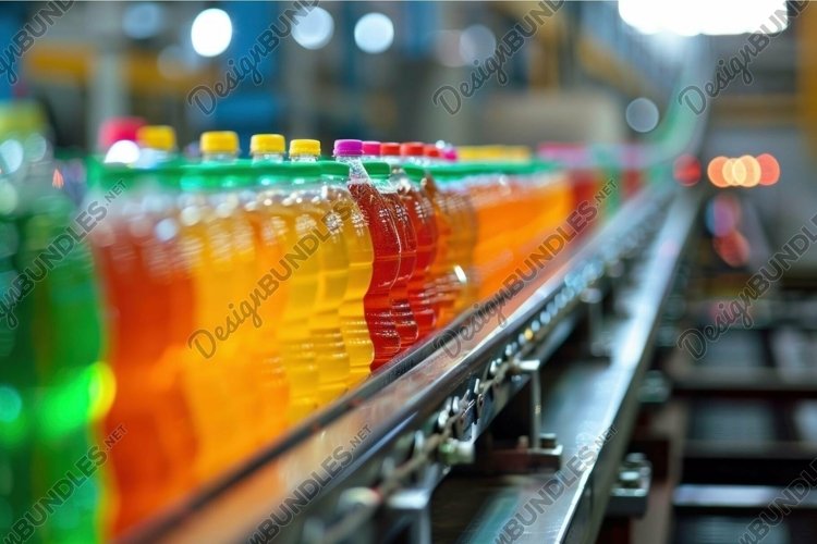 Bottling plant conveyor belt carrying colorful juice bottles