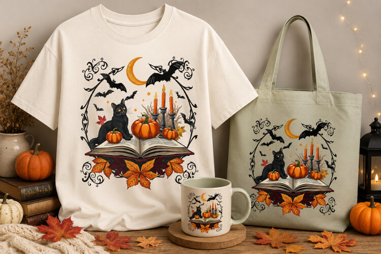 Halloween Witch PNG | Black Cat, Pumpkins & Candles Clipart example image 1