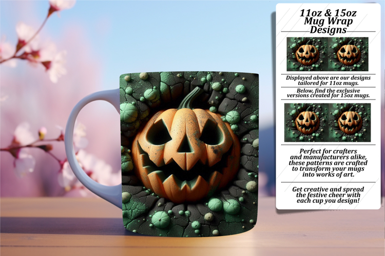 Whimsical 11oz Mug Wrap Png Design , 3D Pumpkin
