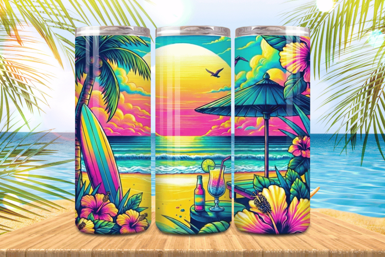 Retro Beach scene with chair umbrella   drink Tumbler Wrap P
