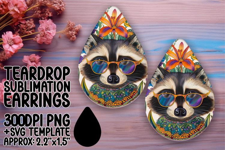 Joyful Raccoon with Flower Teardrop Earrings Sublimation example image 1