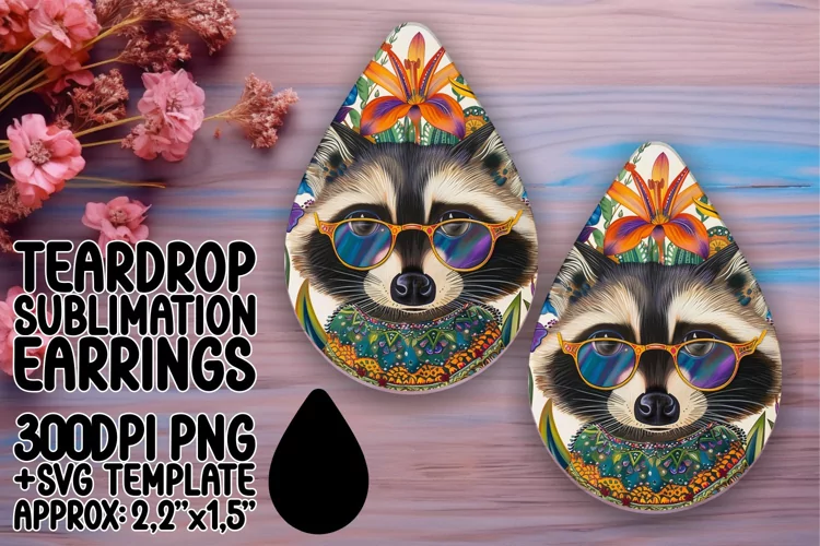 Joyful Raccoon with Flower Teardrop Earrings Sublimation
