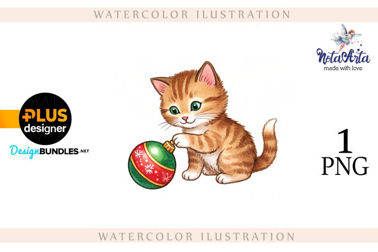 Christmas Kitten in Watercolor Style example image 1