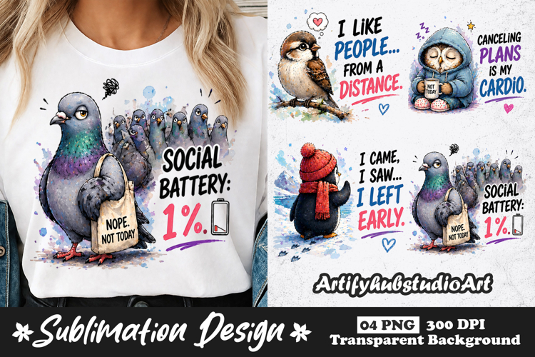 Introvert Humor Sublimation Social Battery Funny Animal PNG example image 1