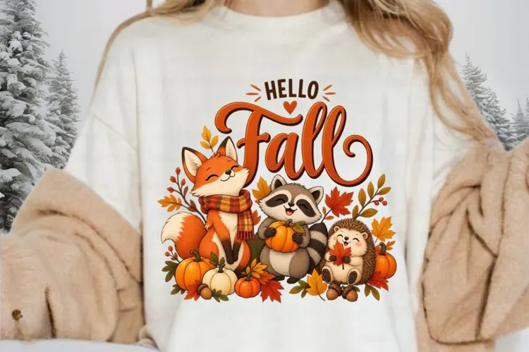 Hello Fall PNG, Cute Woodland Animals Autumn Sublimation