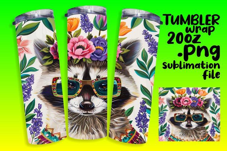 Raccoon & Flower Design Wrap for 20oz Tumblers example image 1