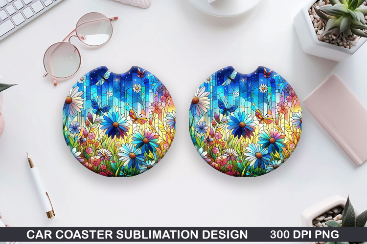 Flower Car Coaster Sublimation| Summer Coaster PNG Design