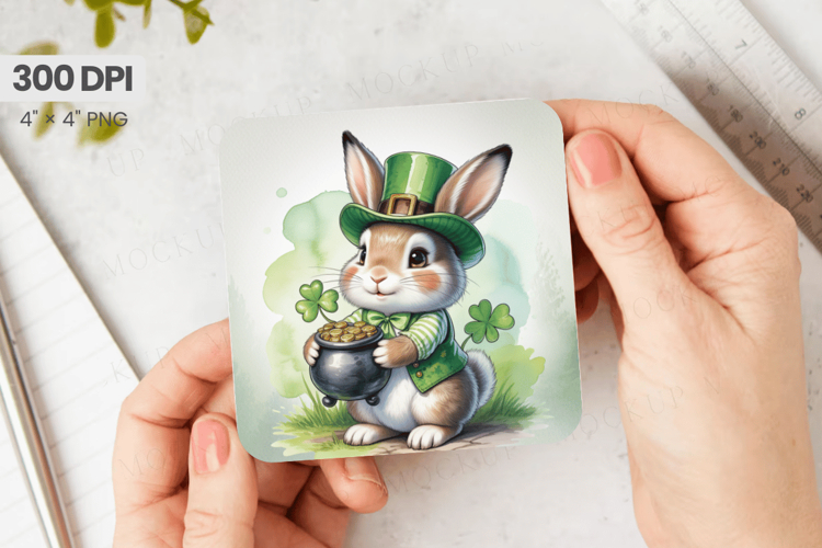 Cute Bunny Leprechaun Holding Pot of Gold Square Coaster PNG