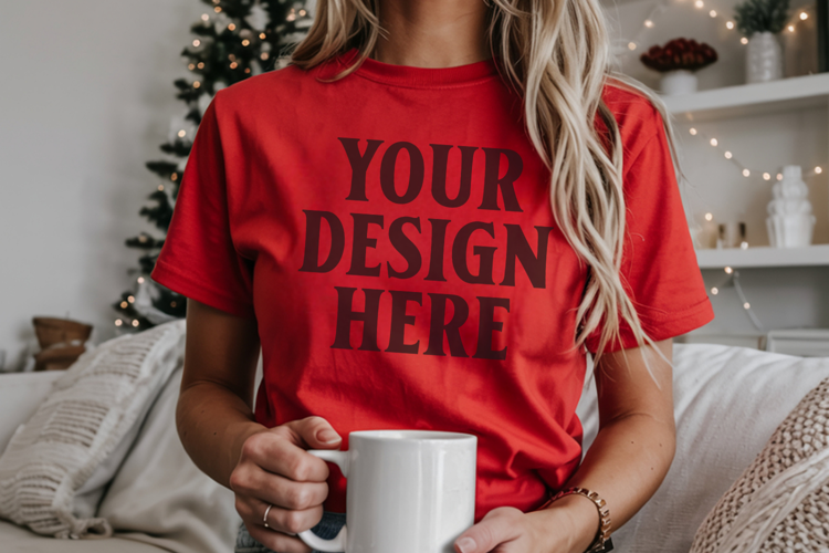 Christmas Comfort Colors 1717 Red T-Shirt Mockup Real Model
