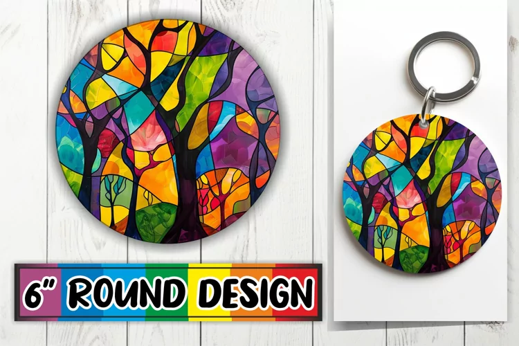 Colorful Tree Keychain Stained Glass Round Design Art