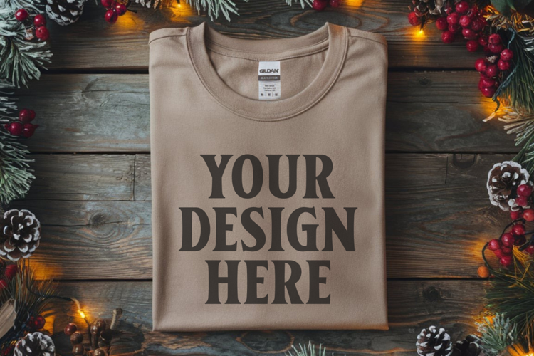 Gildan 64000 Sand Folded Christmas Flat Lay T-shirt