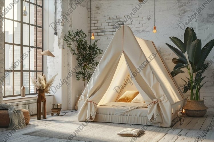 Cozy kids room with a play tent standing in a sunny loft apa example image 1