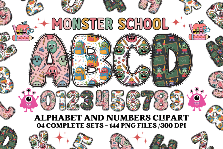 CUTE MONSTER SCHOOL Alphabet A-Z Numbers Clipart PNG 300 DPI