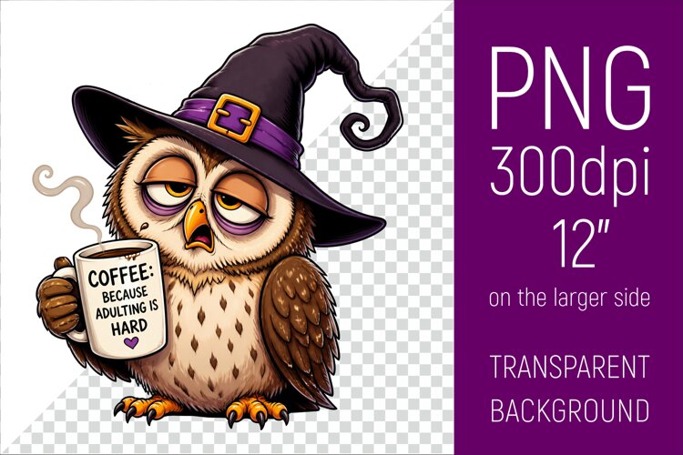 Funny Morning Coffee Owl in Witch Hat | Halloween Clipart example image 1