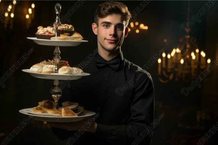 Elegant waiter serving assorted pastries example image 1