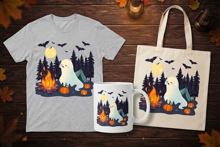 Ghost Dog Camping Halloween Design with Campfire and Tent