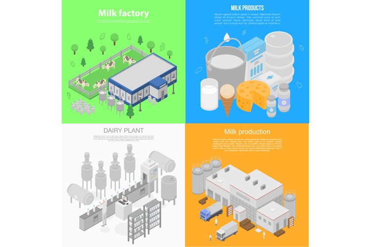 Modern milk factory banner set, isometric style