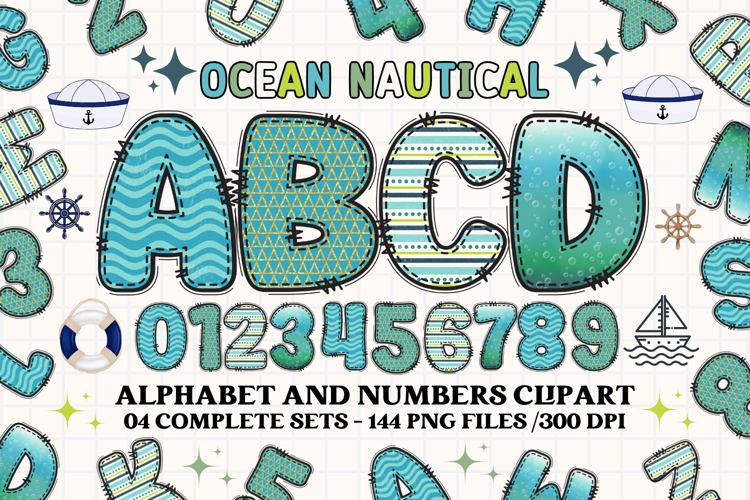 Ocean Nautical png alphabet, ocean nautical letters doodle