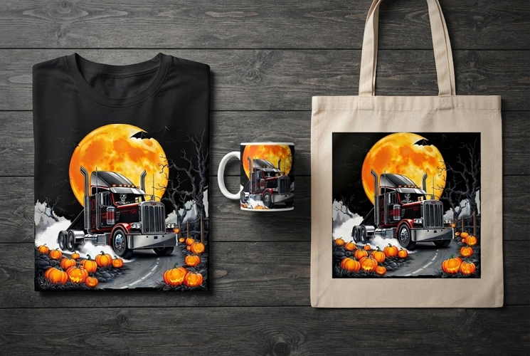 Skeleton Trucker Full Moon Halloween Design with Pumpkins