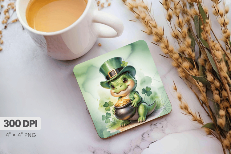 Cute Dinosaur Leprechaun with Pot of Gold Square Coaster PNG