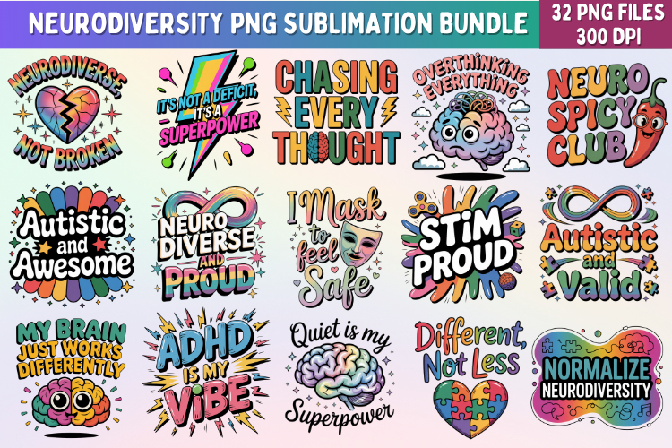 Neurodiversity Awareness PNG Bundle | 32 Autism ADHD Designs