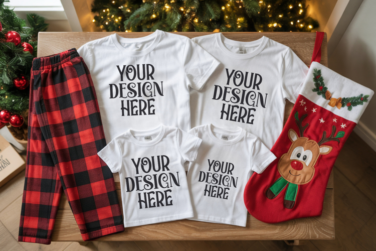 Christmas Family Matching Shirt Mockup | Cozy Boho Flat Lay