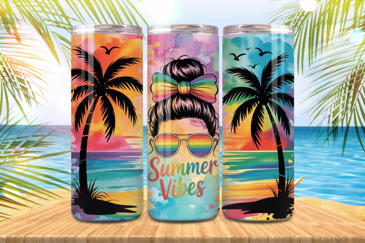 Summer vibes messy bun beach scene Tumbler Wrap PNG Sublimat