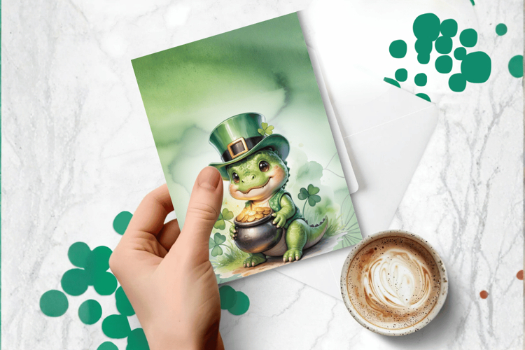Cute Dinosaur Leprechaun with Pot of Gold Greeting Card PNG