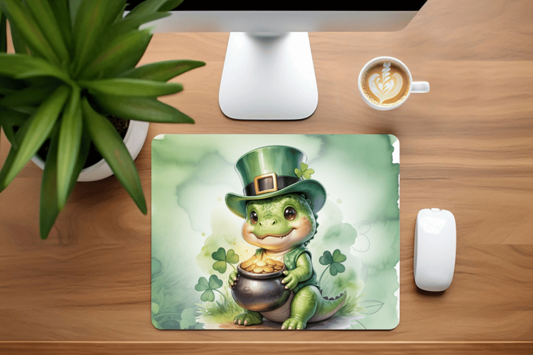 Cute Dinosaur Leprechaun with Pot of Gold Mouse Pad PNG Subl