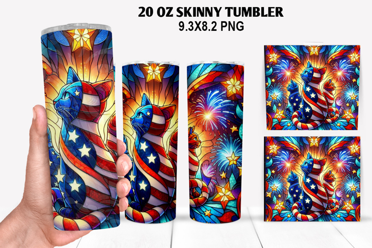 Cat Skinny Tumbler 20oz Wrap Design,4th of july Tumble PNG example image 1