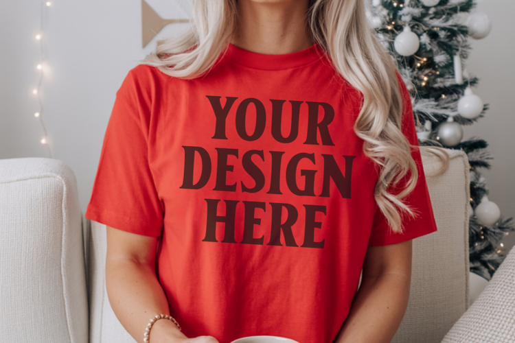 Christmas Comfort Colors 1717 Red T-Shirt Mockup Real Model