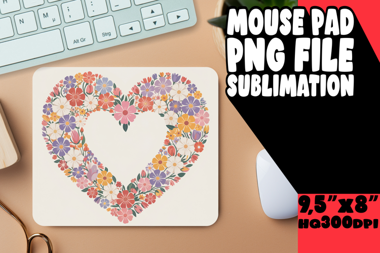 Playful Mouse Pad Sublimation PNG, Flowers Heart