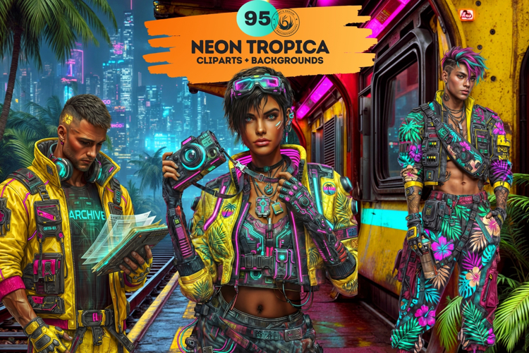 Neon Tropica Cyberpunk Cliparts & Backgrounds scrapbooking