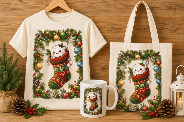Baby Ghost in Christmas Stocking Holiday Art Print