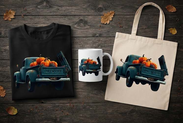 Vintage Truck Loaded with Pumpkins Fall Autumn Design