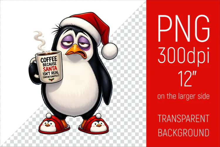 Funny Morning Coffee White Penguin in Santa Hat