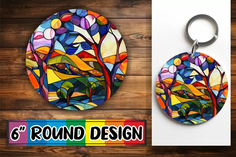 Keychain Stained Glass Tree Colorful Round Design