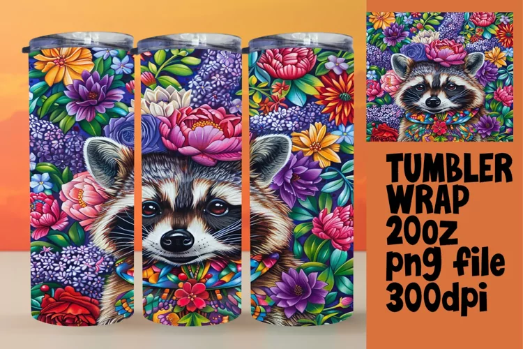 Colorful Raccoon & Blooming Flower Tumbler Wrap