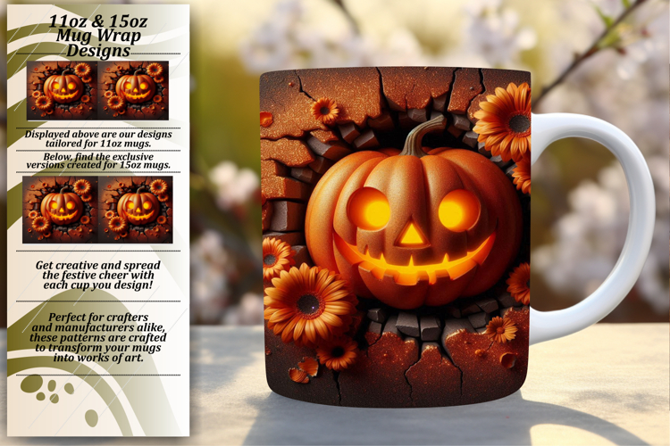 Fashionable 11oz Mug Wrap Png Template , 3D Pumpkin