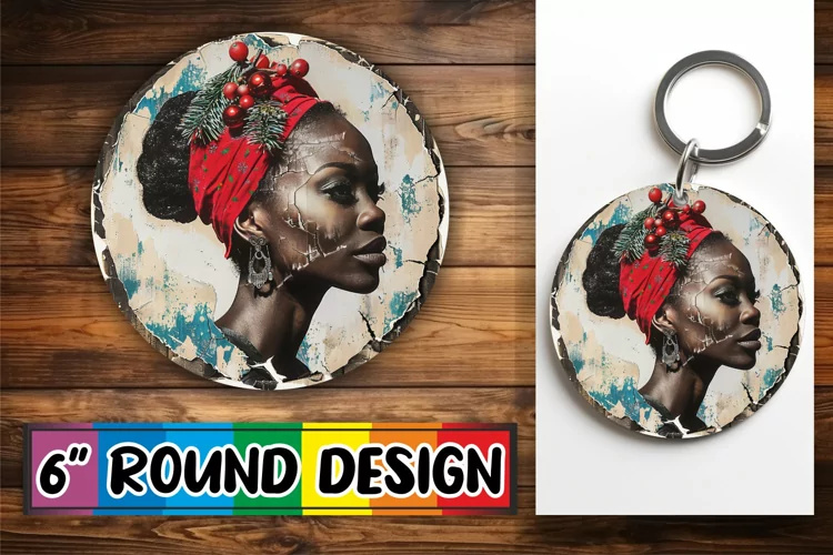 Winter Woman Keychain Round Design Holiday Portrait